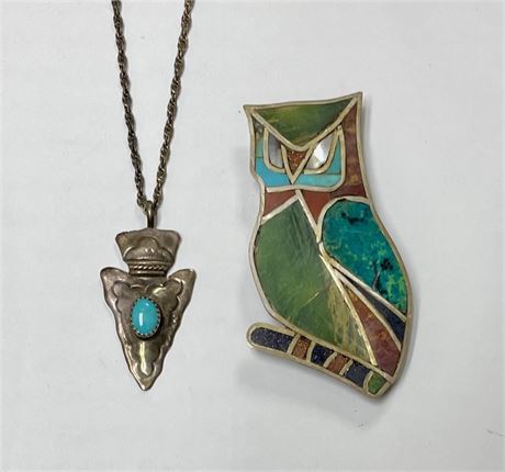 Sterling Silver Owl Bolo Tie Slide and Arrowhead Necklace